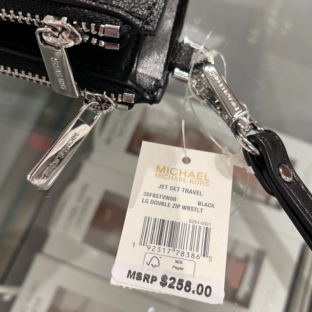 MICHAEL KORS LARGE DOUBLE ZIP WRISTLET PHONEHOLDER WALLET CLUTCH  BLACK SIGNATUR